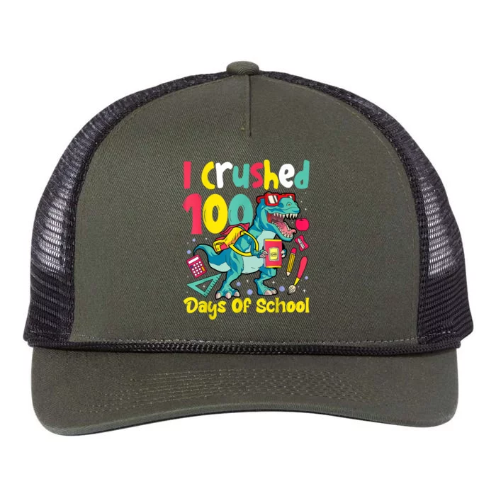 I Crushed 100 Days Of School , Dinosaur Kids Boys Funny Design Retro Rope Trucker Hat Cap