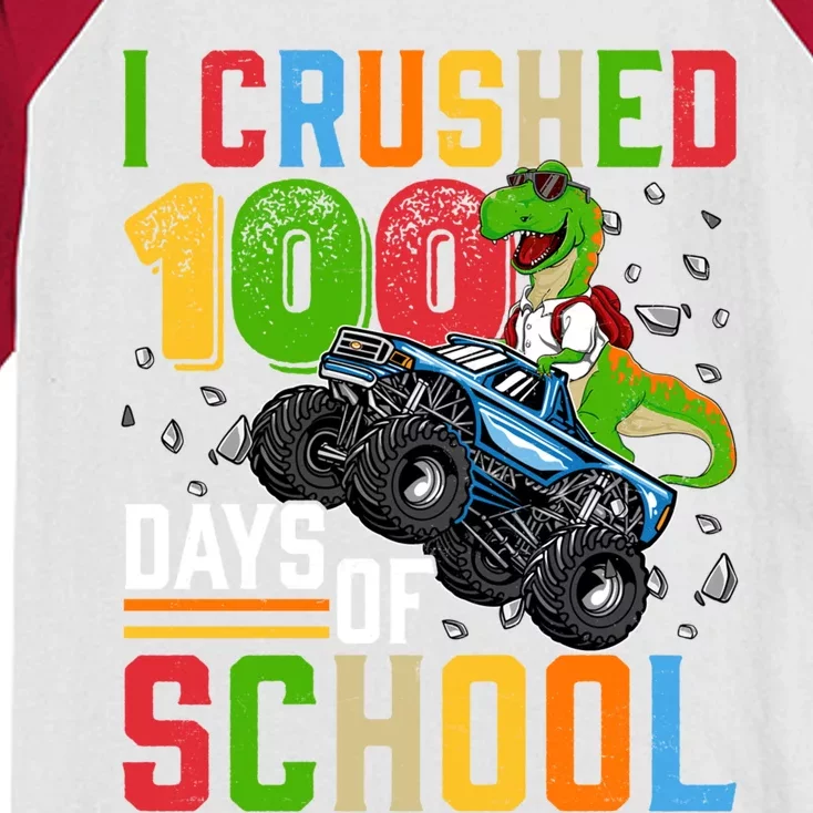 I Crushed 100 Days Of School Dinosaur Monster Truck Gift Kids Colorblock Raglan Jersey