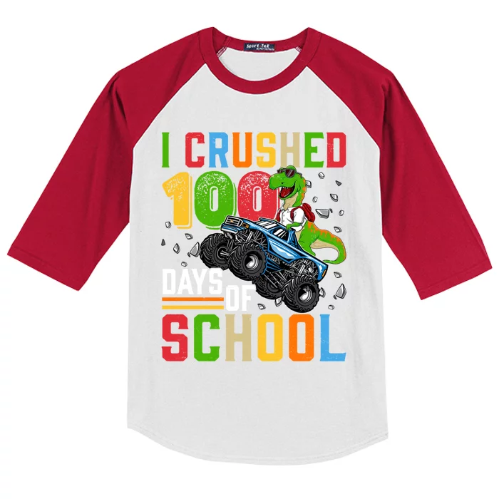 I Crushed 100 Days Of School Dinosaur Monster Truck Gift Kids Colorblock Raglan Jersey