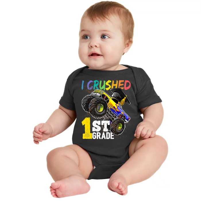 I Crushed 1st Grade Monster Truck Graduation Cap Baby Bodysuit