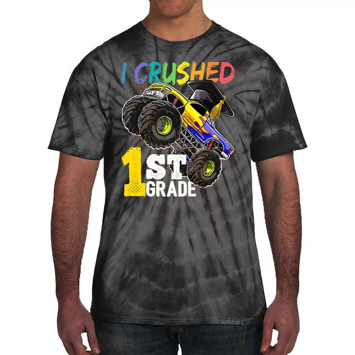 I Crushed 1st Grade Monster Truck Graduation Cap Tie-Dye T-Shirt