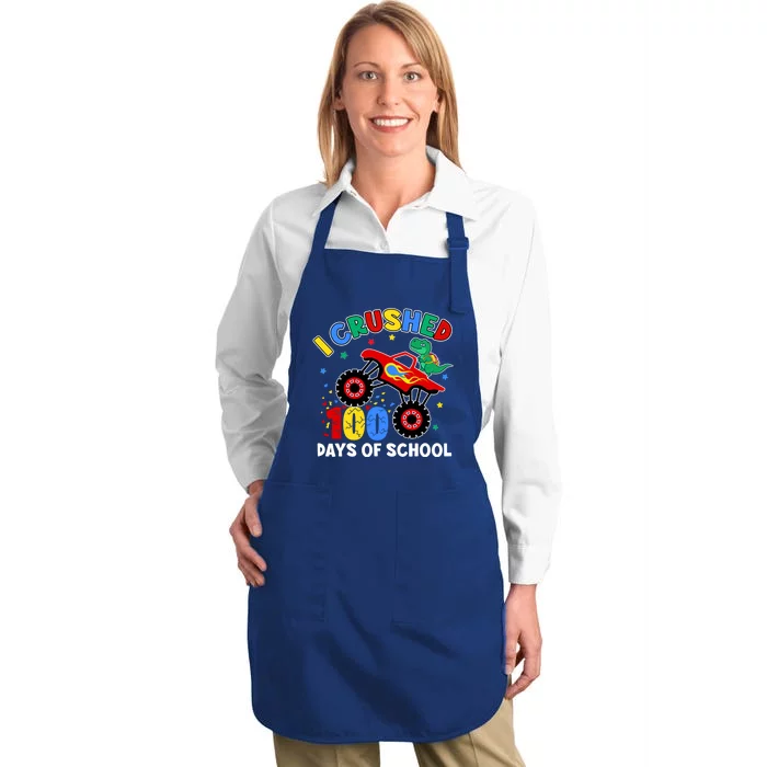 I Crushed 100 Days Of School Monster Truck T Rex Dinosaur Great Gift Full-Length Apron With Pocket