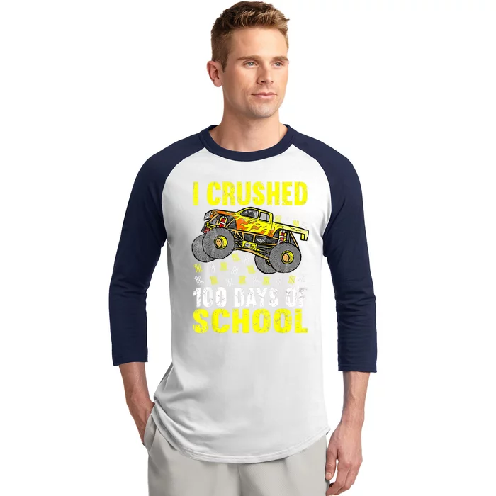 I Crushed 100 Days Of School Monster Truck Baseball Sleeve Shirt