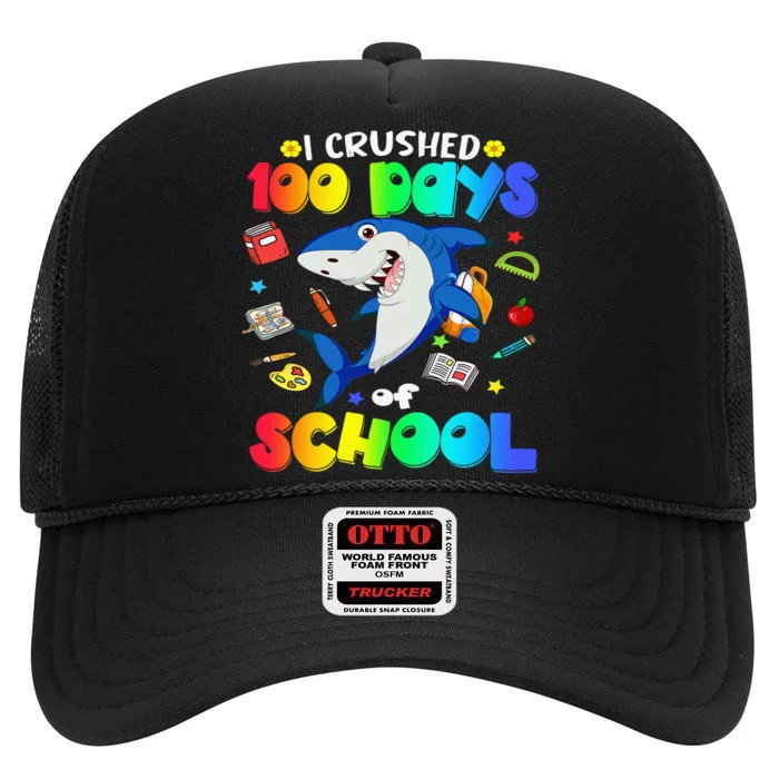 I Crushed 100 Days of School Funny Shark Lover High Crown Mesh Trucker Hat