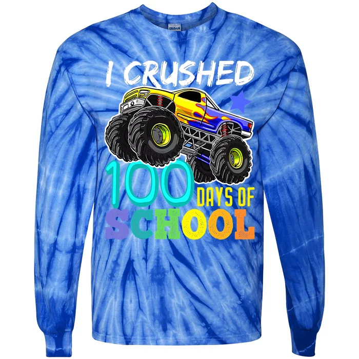 I Crushed 100 Days Of School Tee Monster Truck Cute Gift Tie-Dye Long Sleeve Shirt