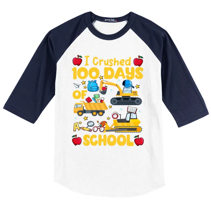 I Crushed 100 Days Of School Tee Construction Vehicle Cute Gift Baseball Sleeve Shirt