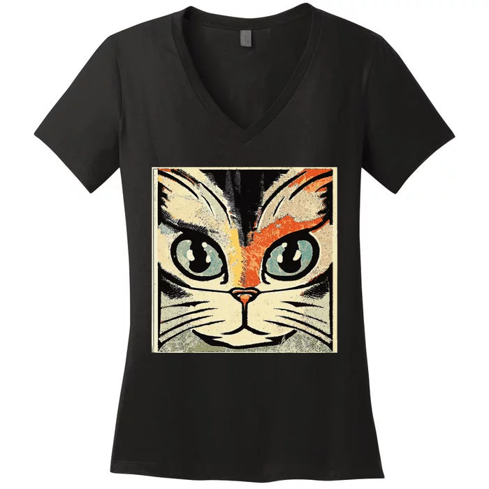 Intense Cat Artwork a full feline face in lovely colors Women's V-Neck T-Shirt