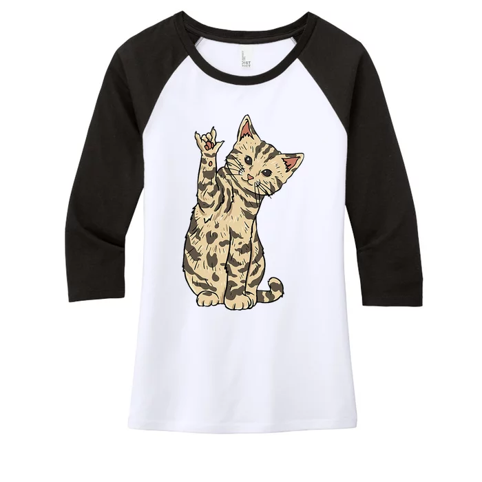 ILY Cat ASL Hand Gesture Deaf Hearing Loss Awareness Women's Tri-Blend 3/4-Sleeve Raglan Shirt