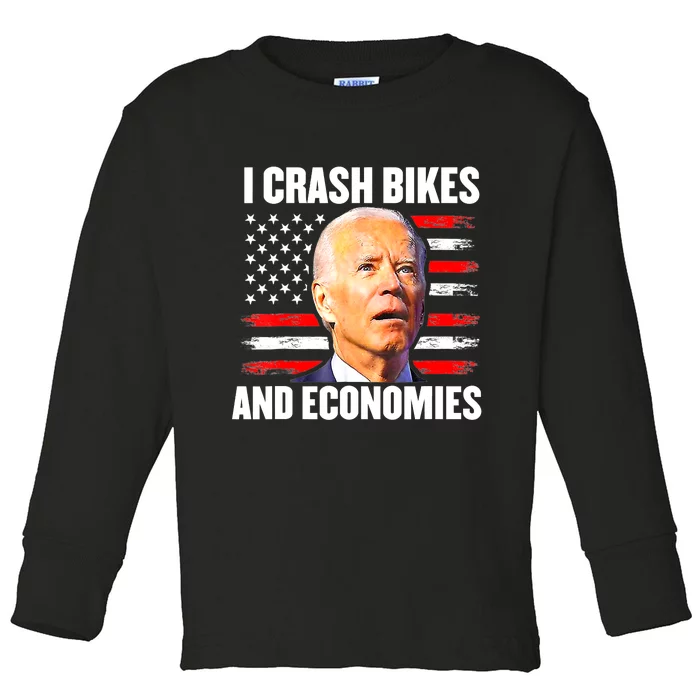 I Crash Bikes And Economies Joe Biden Falling Off Bike Toddler Long Sleeve Shirt