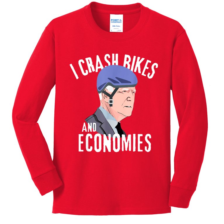 I Crash Bikes And Economies Joe Biden Falling Off Bike Kids Long Sleeve Shirt