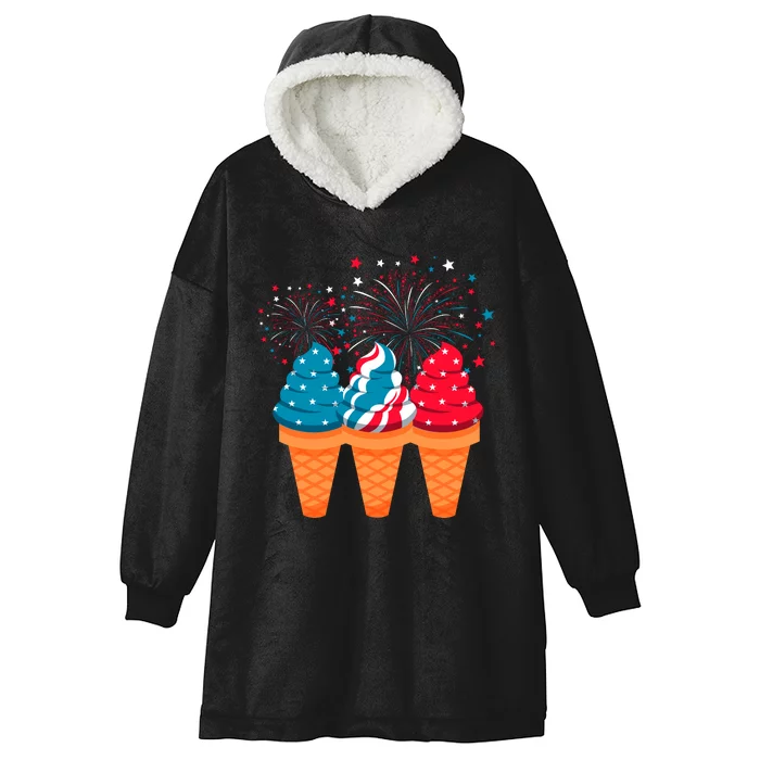 Ice Cream Cones 4th Of July Patriotic Usa Flag Pride Summer Hooded Wearable Blanket