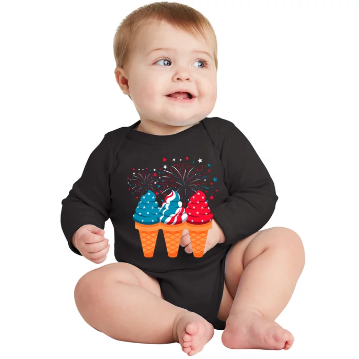 Ice Cream Cones 4th Of July Patriotic Usa Flag Pride Summer Baby Long Sleeve Bodysuit