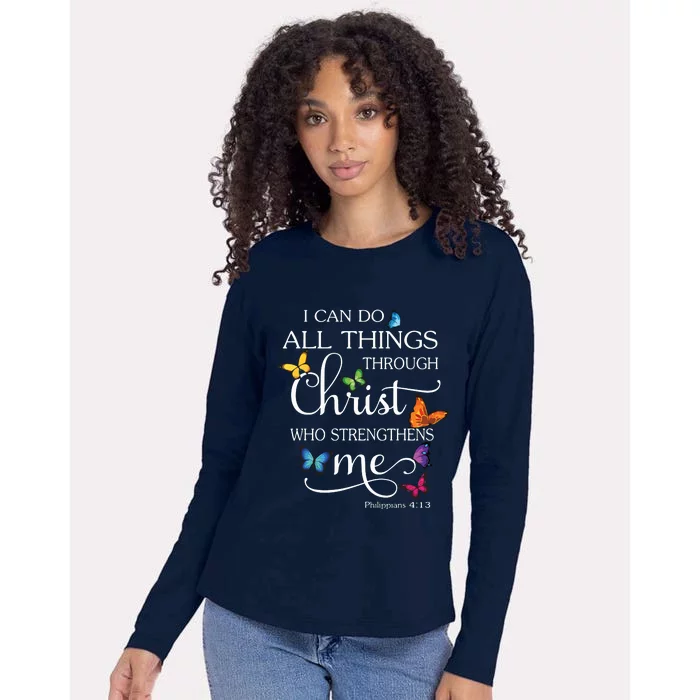 I Can Do All Things Through Christ Butterfly Art Religious Womens Cotton Relaxed Long Sleeve T-Shirt