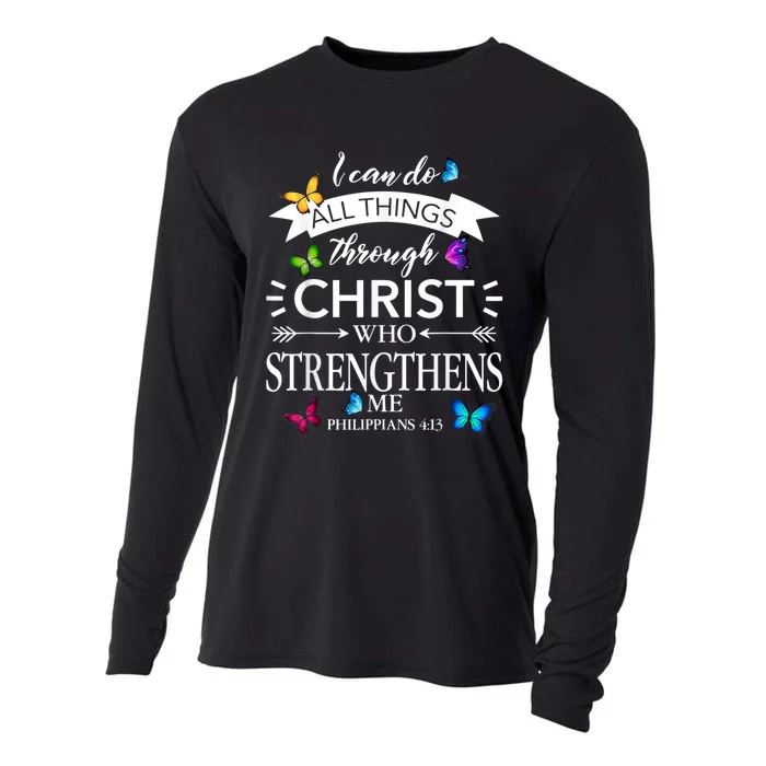 I Can Do All Things Through Christ Butterfly Art Religious Cooling Performance Long Sleeve Crew