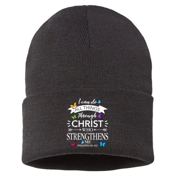 I Can Do All Things Through Christ Butterfly Art Religious Sustainable Knit Beanie