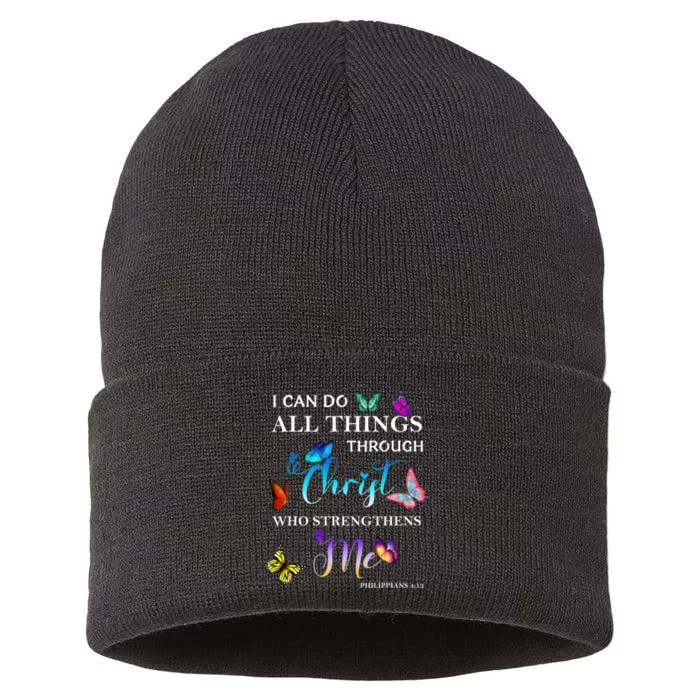 I Can Do All Things Through Christ Butterfly Art Religious Sustainable Knit Beanie