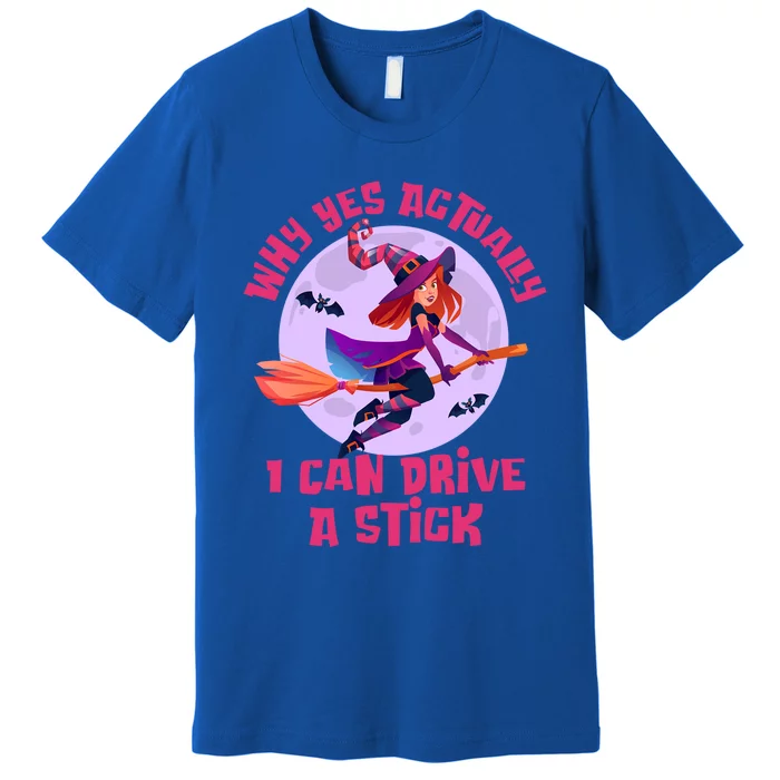 I Can Drive A Stick Cute Witch Riding Magic Broom Halloween Cute Gift Premium T-Shirt