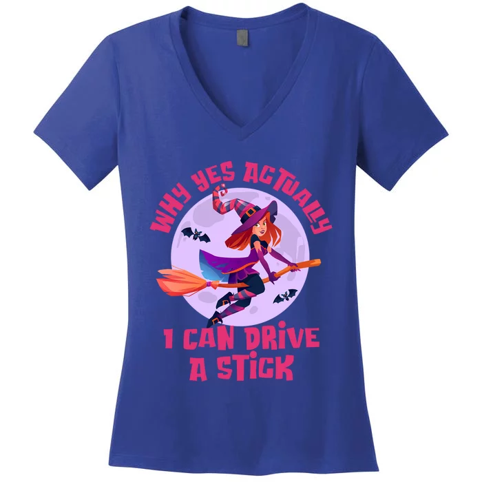 I Can Drive A Stick Cute Witch Riding Magic Broom Halloween Cute Gift Women's V-Neck T-Shirt