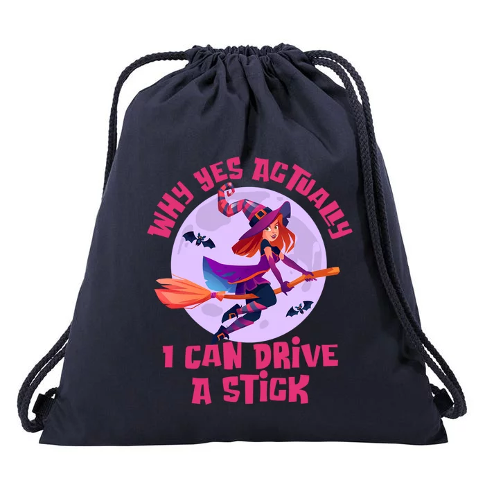 I Can Drive A Stick Cute Witch Riding Magic Broom Halloween Cute Gift Drawstring Bag