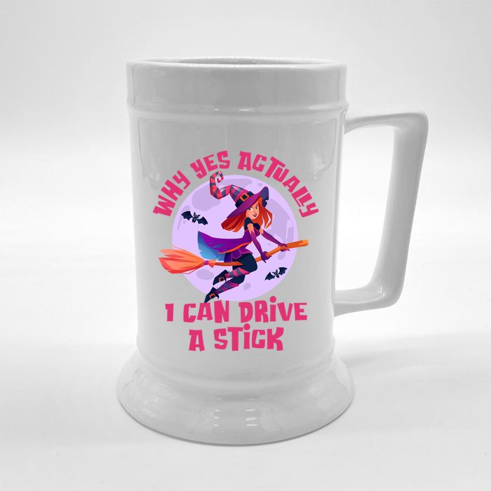 I Can Drive A Stick Cute Witch Riding Magic Broom Halloween Cute Gift Front & Back Beer Stein