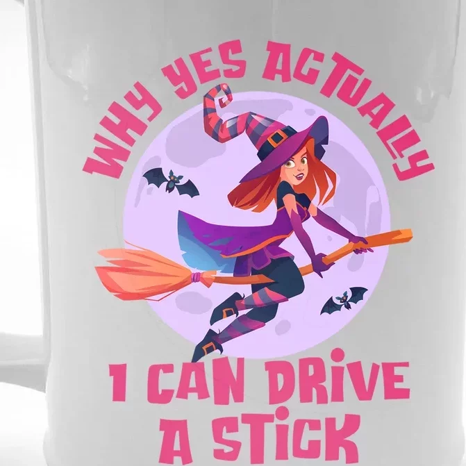 I Can Drive A Stick Cute Witch Riding Magic Broom Halloween Cute Gift Front & Back Beer Stein