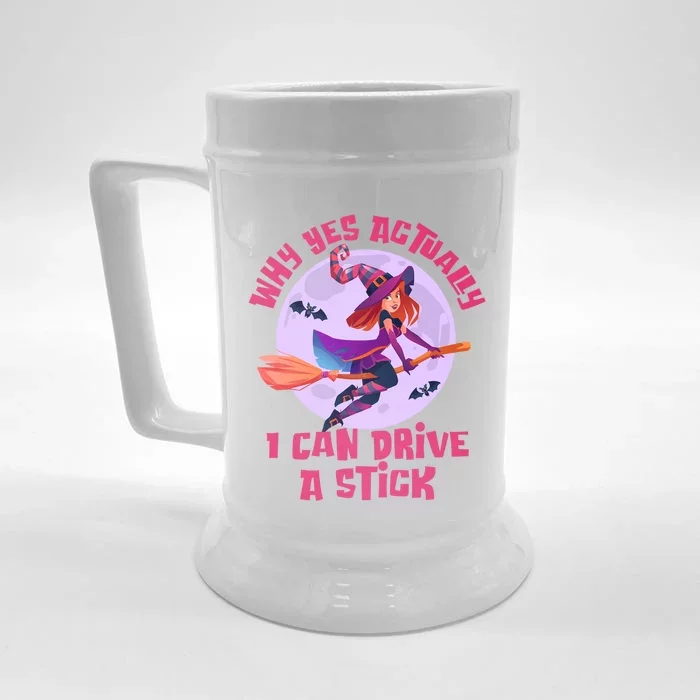 I Can Drive A Stick Cute Witch Riding Magic Broom Halloween Cute Gift Front & Back Beer Stein