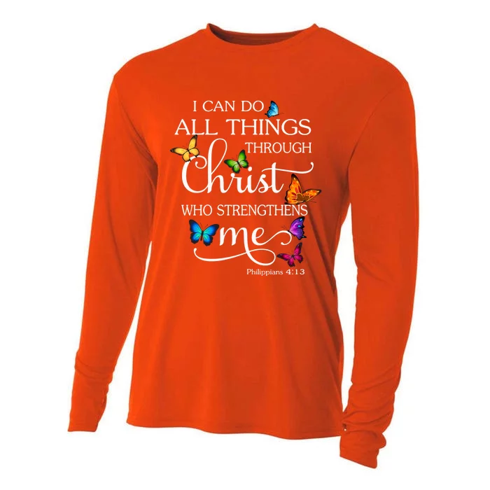 I Can Do All Things Through Christ Butterfly Art Gift Religious Gift Cooling Performance Long Sleeve Crew