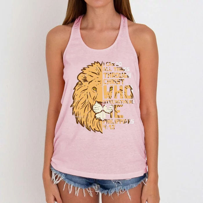 I Can Do Things Through Christ Lion Philippians 413 Gift Women's Knotted Racerback Tank