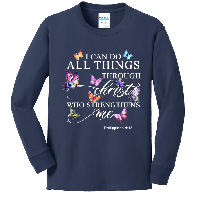 I Can Do All Things Through Christ Butterfly Art Religious TShirt Kids Long Sleeve Shirt