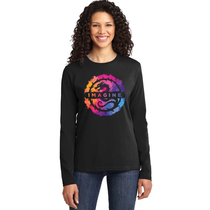 Imagine Colorful Fantasy Retro Dragon Ladies Long Sleeve Shirt