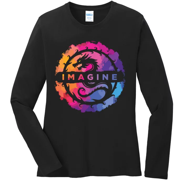 Imagine Colorful Fantasy Retro Dragon Ladies Long Sleeve Shirt