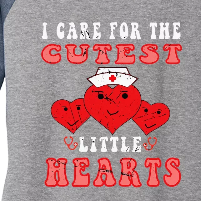 I Care For The Cutest Little Hearts Groovy Nurse Valentines Women's Tri-Blend 3/4-Sleeve Raglan Shirt