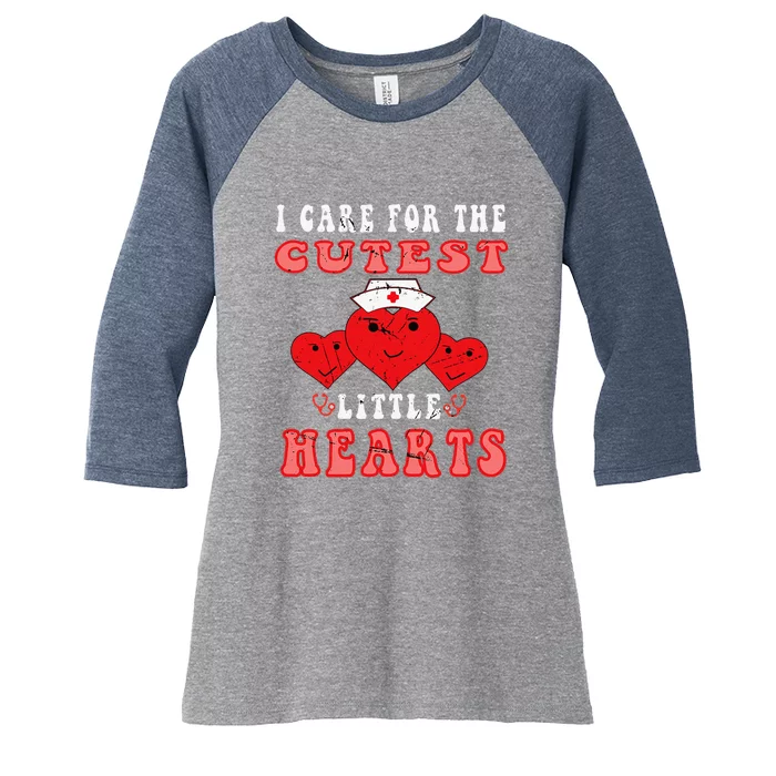 I Care For The Cutest Little Hearts Groovy Nurse Valentines Women's Tri-Blend 3/4-Sleeve Raglan Shirt