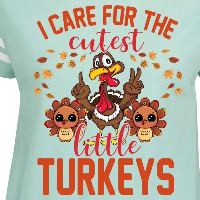 I Care For The Cutest Little Turkeys Thanksgiving Teacher Enza Ladies Jersey Football T-Shirt