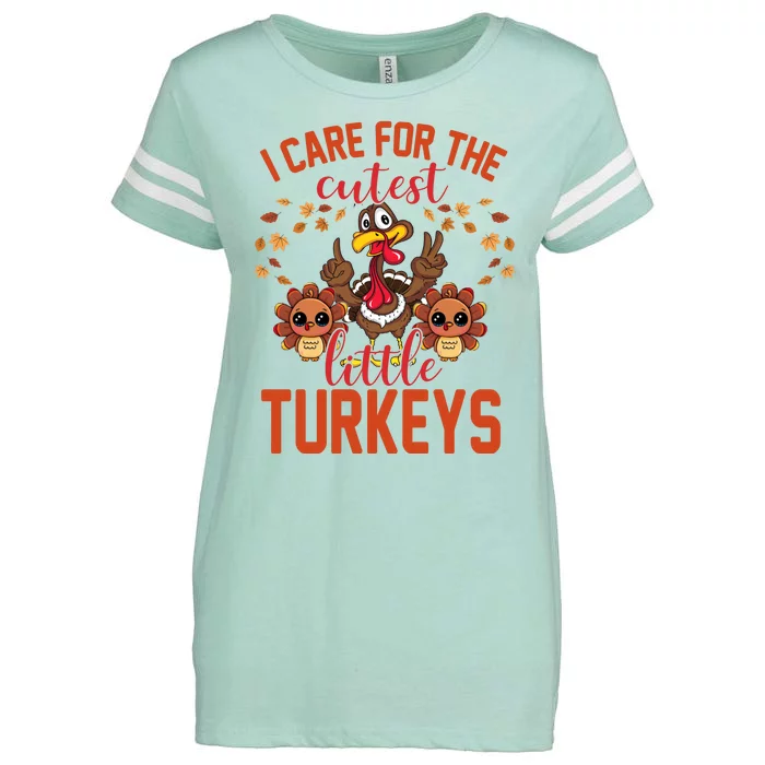 I Care For The Cutest Little Turkeys Thanksgiving Teacher Enza Ladies Jersey Football T-Shirt