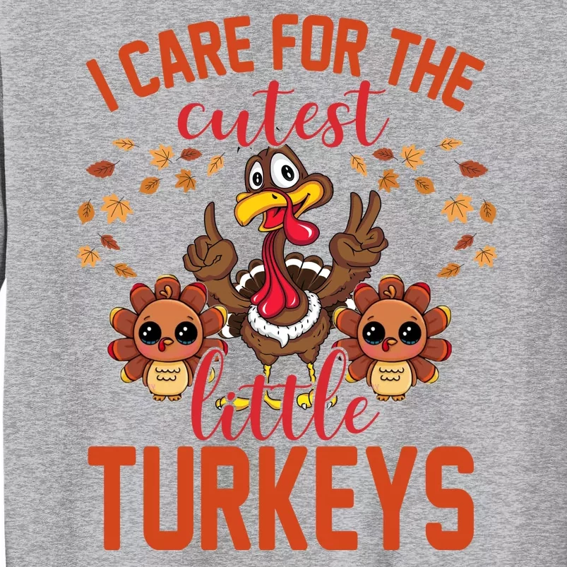 I Care For The Cutest Little Turkeys Thanksgiving Teacher Tall Sweatshirt