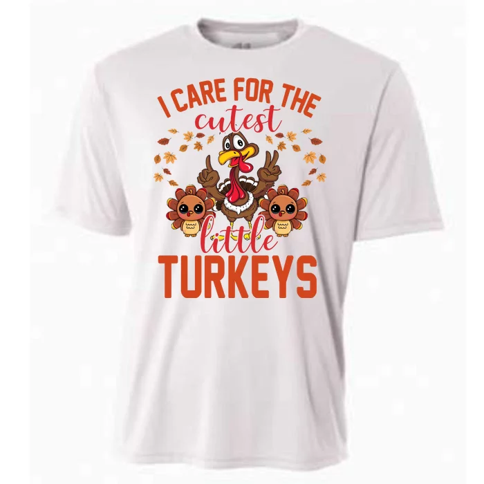 I Care For The Cutest Little Turkeys Thanksgiving Teacher Cooling Performance Crew T-Shirt