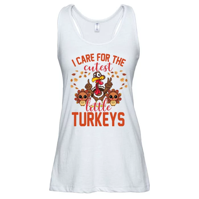 I Care For The Cutest Little Turkeys Thanksgiving Teacher Ladies Essential Flowy Tank