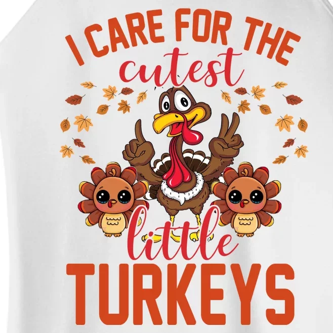 I Care For The Cutest Little Turkeys Thanksgiving Teacher Women’s Perfect Tri Rocker Tank