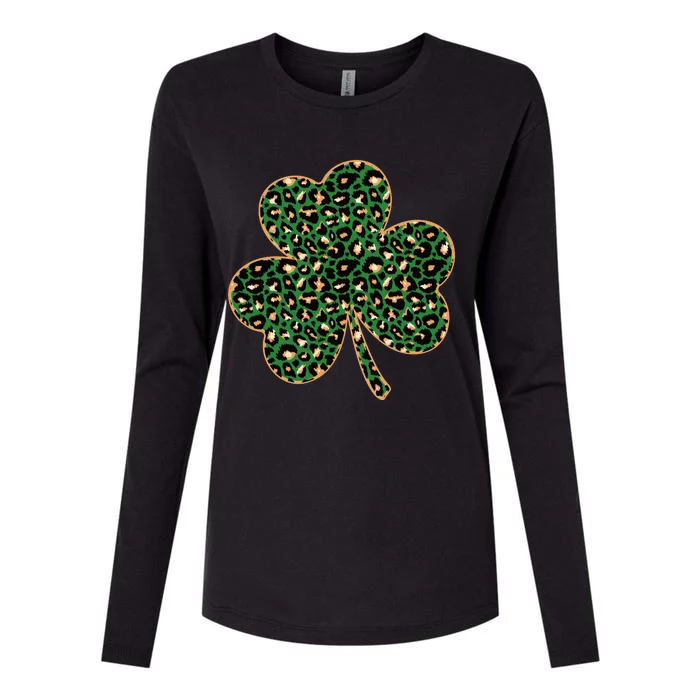 Irish Clover Green Gold Leopard Print Womens Cotton Relaxed Long Sleeve T-Shirt