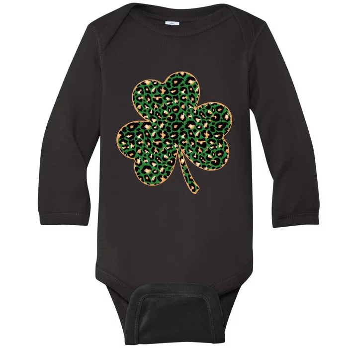 Irish Clover Green Gold Leopard Print Baby Long Sleeve Bodysuit