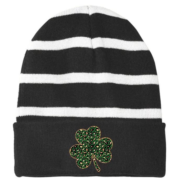 Irish Clover Green Gold Leopard Print Striped Beanie with Solid Band