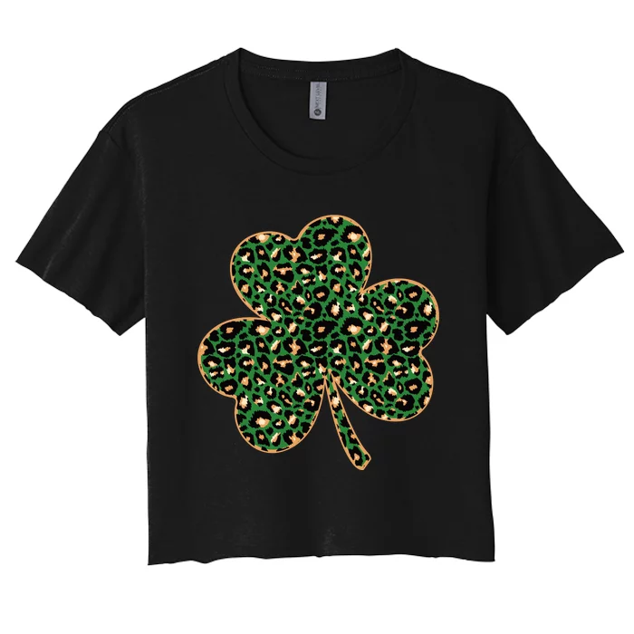 Irish Clover Green Gold Leopard Print Women's Crop Top Tee