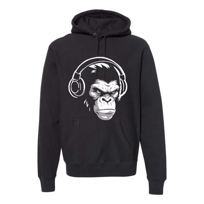 Intense Chimp & Headphones Chimpanzee Wildlife Lover Premium Hoodie