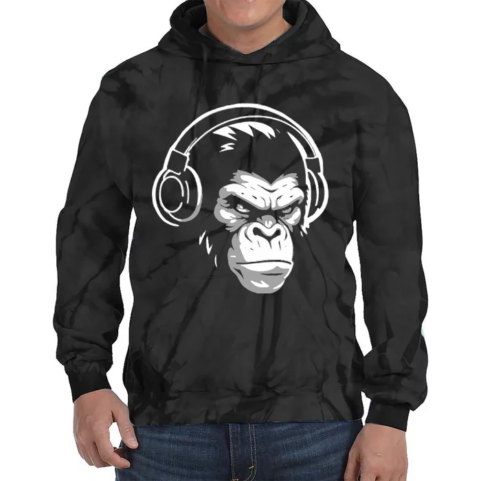 Intense Chimp & Headphones Chimpanzee Wildlife Lover Tie Dye Hoodie