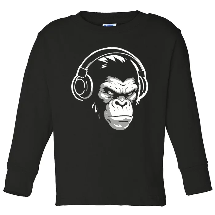 Intense Chimp & Headphones Chimpanzee Wildlife Lover Toddler Long Sleeve Shirt