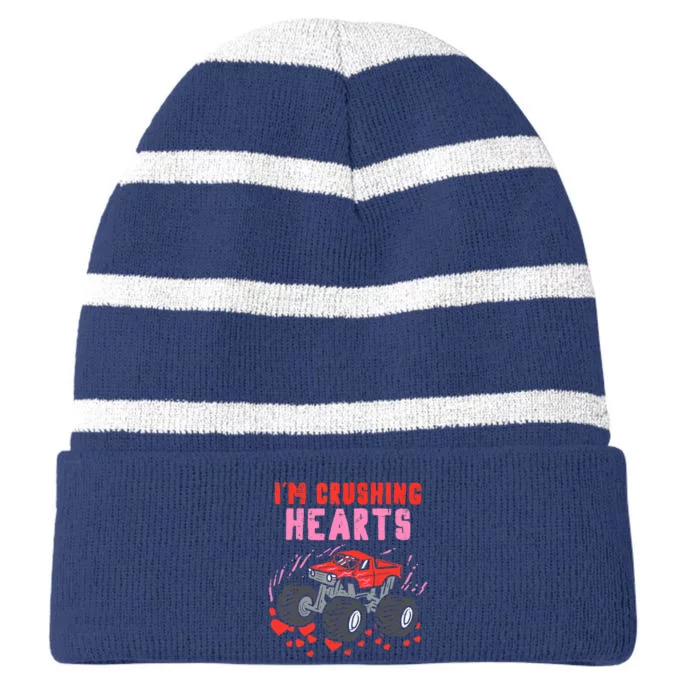 I Crush Hearts Monster Truck Valentines Day Striped Beanie with Solid Band