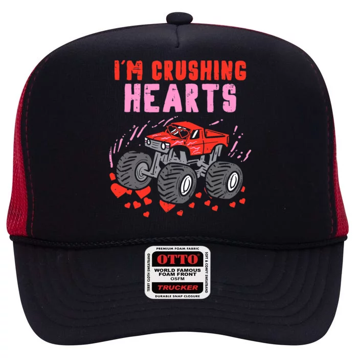 I Crush Hearts Monster Truck Toddler Boys Valentines Day High Crown Mesh Trucker Hat