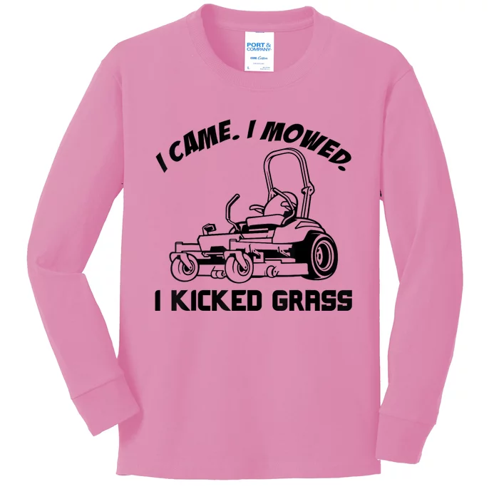 I Came I Mowed I Kicked Grass Funny Lawn Mowing Kids Long Sleeve Shirt