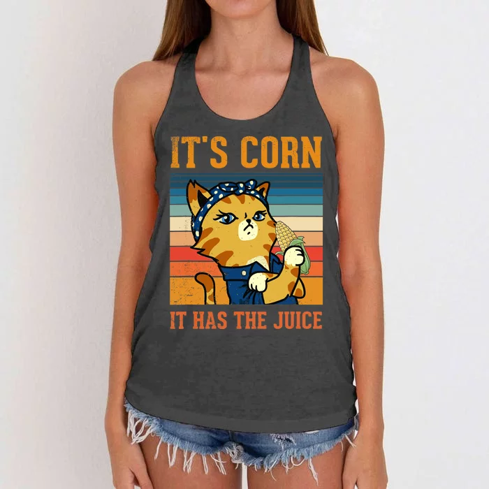 It’s Corn It Has The Juice Vintage Cat Lovers Funny Corns Women's Knotted Racerback Tank